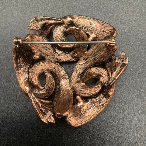 Vintage Tortolani Copper Tone Stylized Leaf Swirl Circular Brooch Pin 2 Inch