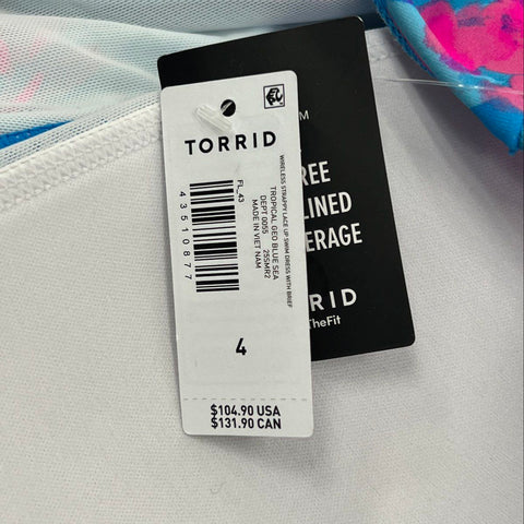 Torrid Women's Wireless Strappy Lace Up Swim Dress Tropical Geo Blue Pink NWT 4