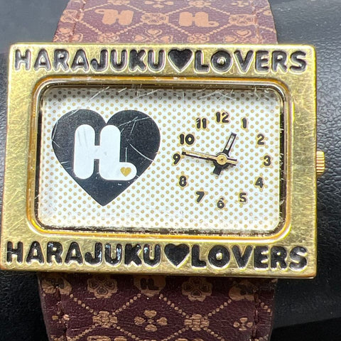Harajuku Lovers Gold Brown Y2K Fatal Attraction Rectangular Watch Womens Heart