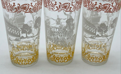 Hazel Atlas Americana Tumbler Set 3 Vintage Mixed Scene Drinking Glasses 5 In