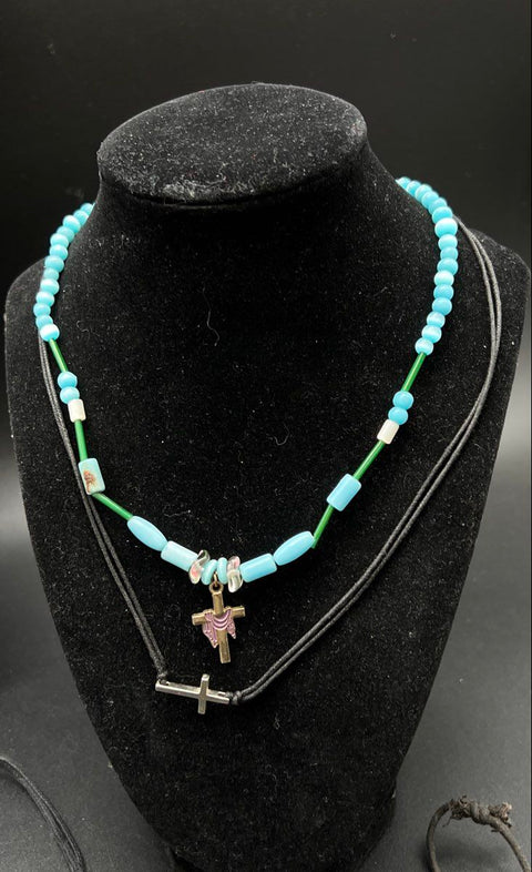 Religious Cross Jewelry Lot of 14 Necklaces Pendants Beaded Cord Mixed Styles