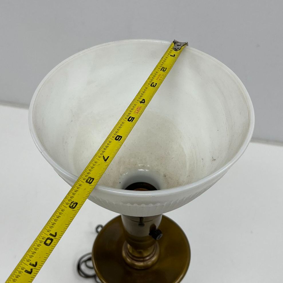 Vintage Brass Spindle Table Lamp Ribbed White Glass Shade 22" Tested Working