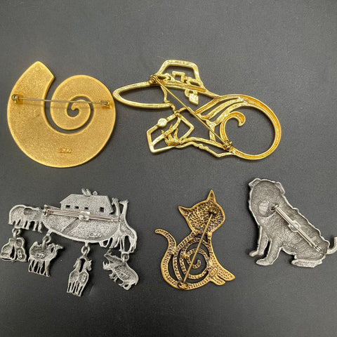 Vintage JJ Jonette Jewelry Figural Brooches Lot of 5 Noah's Ark Dog Cat Woman