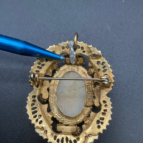 Vintage Florenza Carved Shell Cameo Faux Pearl Brooch Pendant Victorian Revival