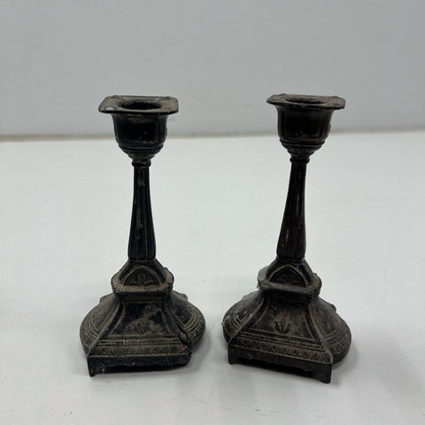 Antique Pair Victorian Cast Metal Candlestick Holders Renaissance Gothic Revival