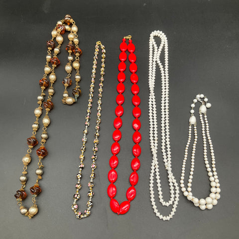 Vintage Glass Bead Necklaces Lot of 5 Milk Glass Lampwork Floral Red Statement