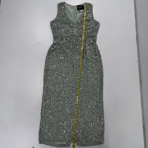 Mac Duggal Women's Sage Green Sequin Embellished Sleeveless V-Neck Dress Sz 6