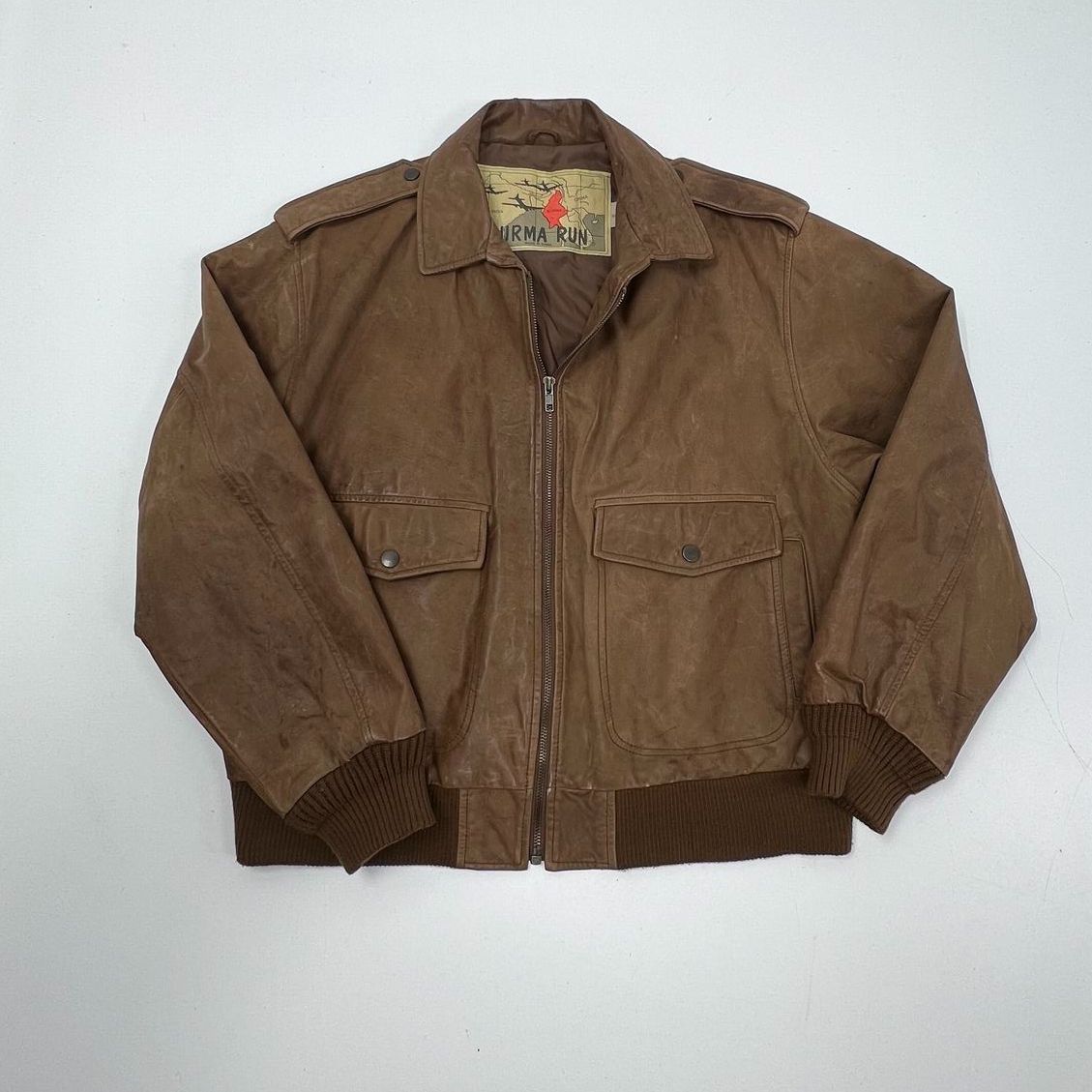 Burma Run Brown Vintage 80s Distressed Leather Bomber Flight Jacket Men's L