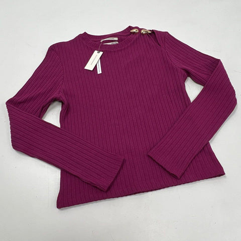 Anthropologie Women's Magenta Ribbed Long Sleeve Top Gold Button Detail Sz M NWT