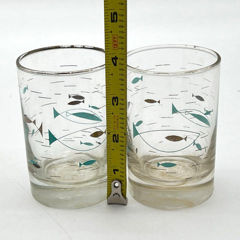 Mediterranean Fish Juice Glasses Set of 2 Teal Brown Silver Rim Vintage