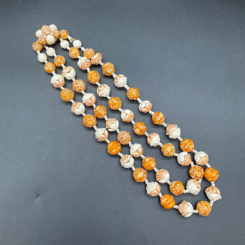 Vintage Hong Kong Double Strand Sugared Beaded Necklace Textured Floral Orange