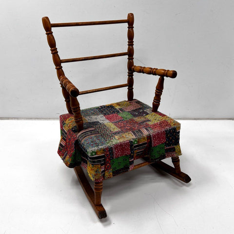 Vintage Kids Rocking Chair Spindle Back Wood Patchwork Padded Seat Nursery