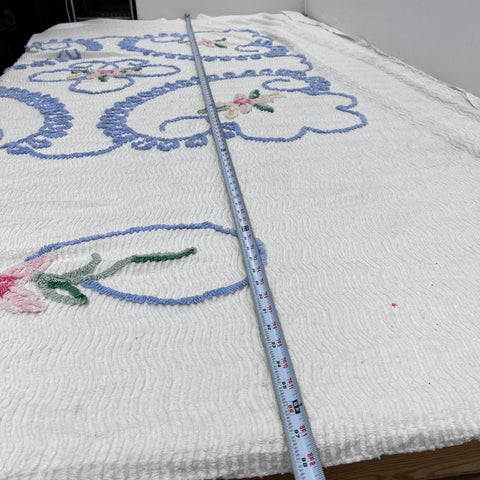 Vintage Chenille Bedspread White Blue Floral Embroidery Wavy Texture Mid Century