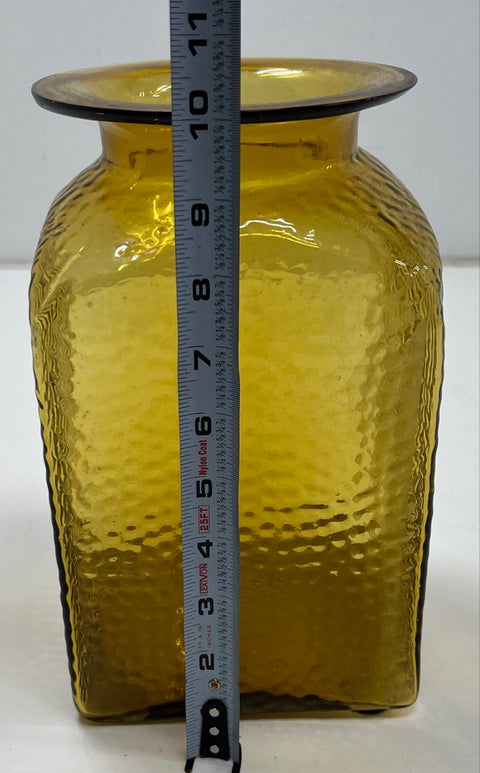 Pressed Glass Vase Amber Crinkle Textured Pattern Square 10 Inch Vintage