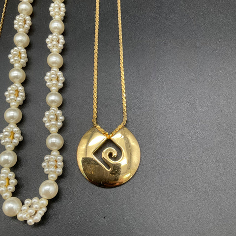 Vintage to Modern Costume Jewelry Lot 7 Necklaces Faux Pearl Lockets Gold Tone