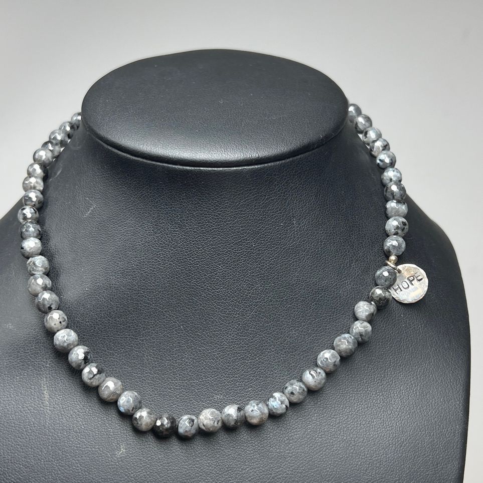 Multifaceted Labradorite Beaded Sterling Silver Hope Charm Necklace