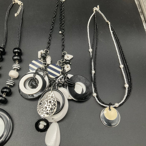Black White Monochrome Costume Jewelry Lot of 10 Necklaces Beaded Statement