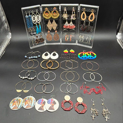 Mixed Costume Jewelry Lot 30+ Pairs Earrings Hoops Dangles Boho Retro Styles