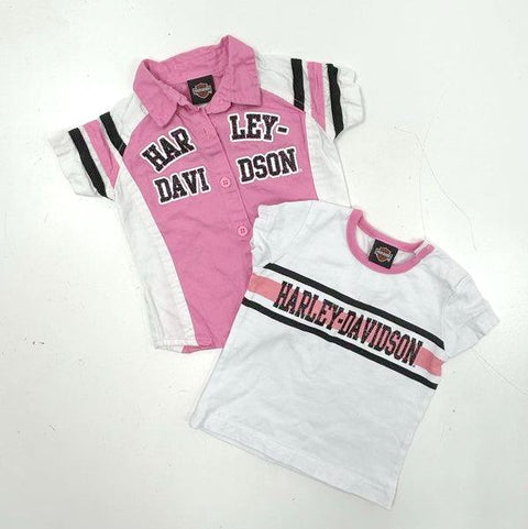 Harley Davidson Toddler Girl Shirt Lot 2pc Pink White Glitter Logo Sz 12M