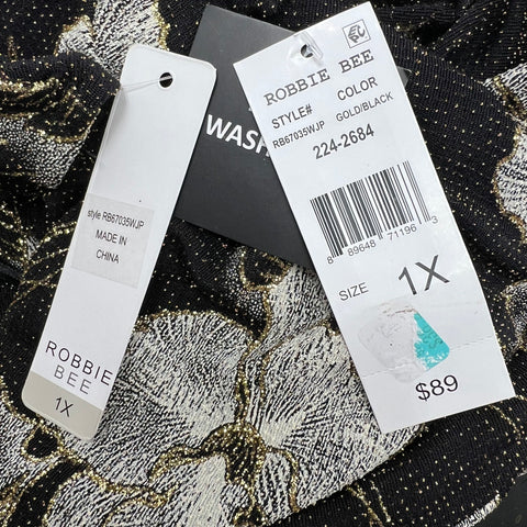 NWT Robbie Bee Metallic Floral Faux Wrap Cocktail Dress Gold Black Sz 1X