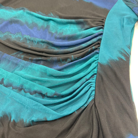 DKNY NWT Teal Glass Abstract Print Ruched Mesh Sleeve Sheath Dress Sz 10P