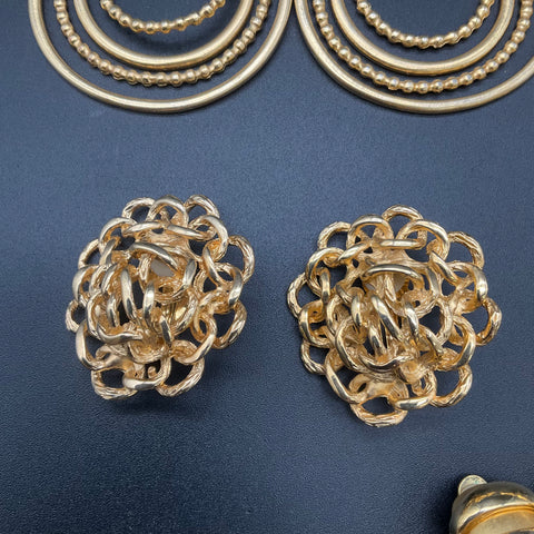 Vintage Gold Tone Clip On Earrings Lot 5 Pairs Chunky 1980s Retro Fashion