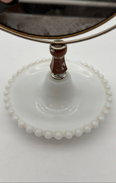Vintage Swivel Vanity Mirror Hobnail Milk Glass Base Mid Century 11" Tall