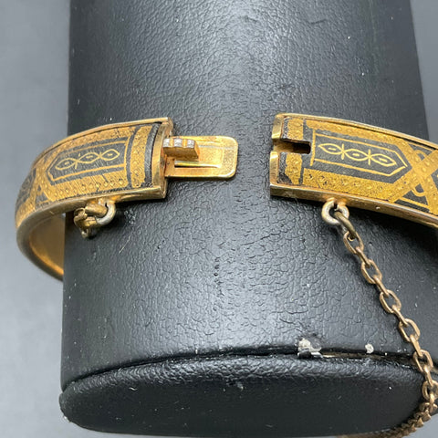Vintage Damascene Hinged Bangle Bracelet Birds Flowers Gold Tone 7"