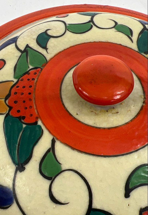 Vintage Japanese Hand Painted Ceramic Lidded Dish Bowl Caddy Wicker Handle 7.25"