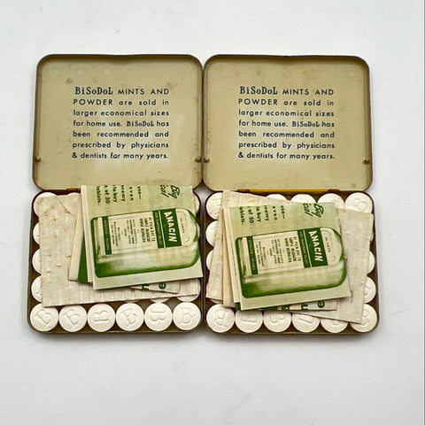 Vintage BiSoDol Mints Antacid Metal Tin Lot of 2 Whitehall Pharmacal Display