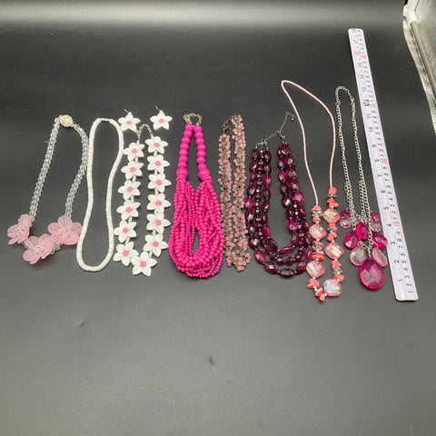 Pink Tone Fashion Jewelry Lot 9pc Beaded Floral Multi-Strand Necklaces Earrings