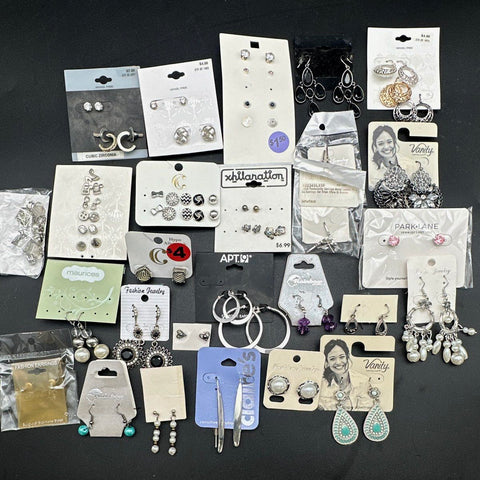 Mixed Costume Earrings Jewelry Lot 25+ Pairs Silver Tone Rhinestone Brands