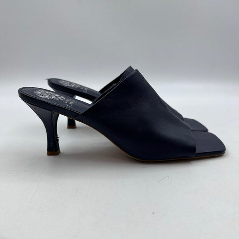 Vince Camuto Amikala Navy Leather Square Toe Kitten Heel Mules Size 9.5