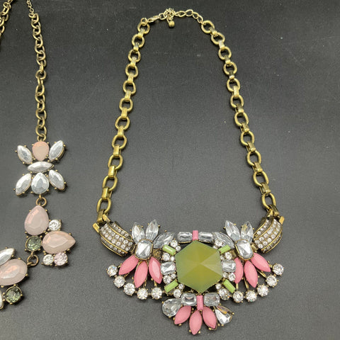 Statement Costume Jewelry Lot of 3 Gold Tone Necklaces Pink Green Clear Stones