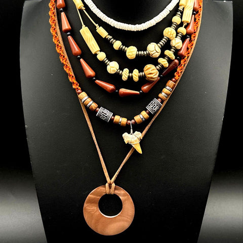 Boho Tribal Costume Jewelry Lot 10 Necklaces Wood Bone Shark Tooth Earthy Tone