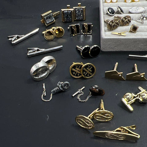 Vintage Men's Jewelry Lot 50+ Pieces Cufflinks Tie Clips Bars Tacks Gold Tone