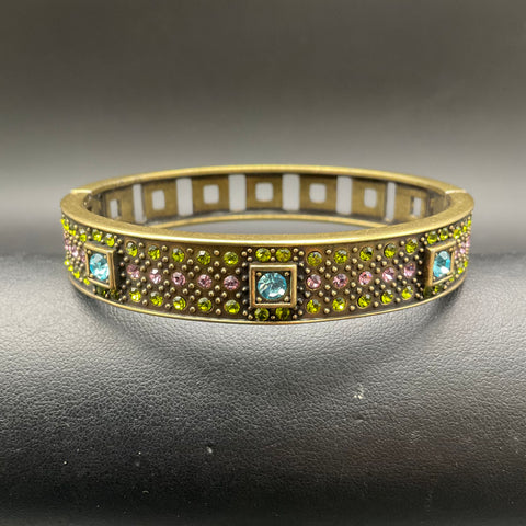 Heidi Daus Bronze Tone Multi-Color Crystal Hinged Bangle Bracelet Art Deco 7"
