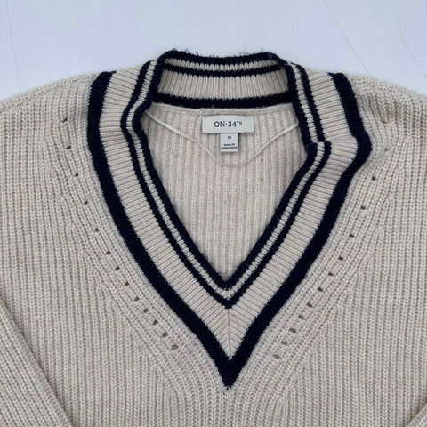 On 34th Women's Sweater Cream Navy Ribbed V-Neck Varsity Stripe Pointelle Sz M