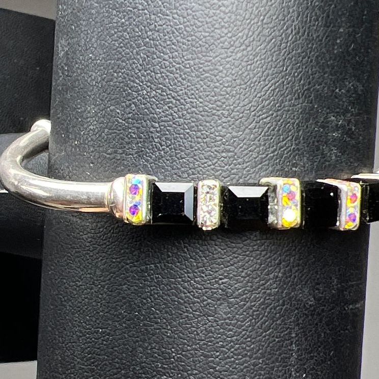 Sterling Silver Black Beaded Rhinestone Bracelet
