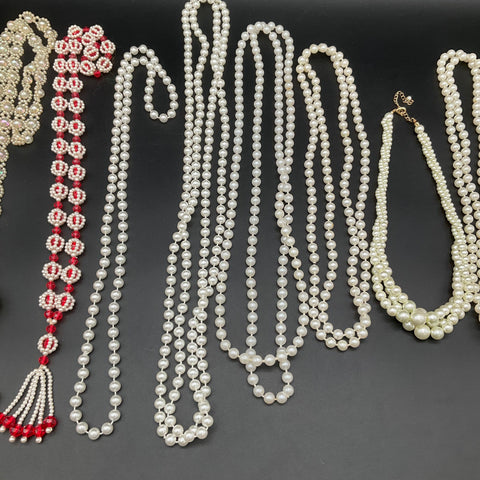 Vintage to Modern Costume Jewelry Lot 10 Necklaces Faux Pearl Beaded Tassel