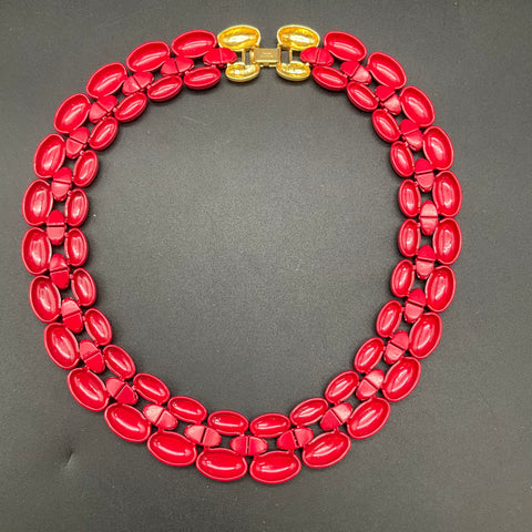 Vintage Signed Napier Red Enamel Gold Tone Necklace and Bracelet Set