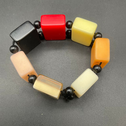 Vintage Retro Chunky Multicolored Plastic Lucite Mahjong Tile Beaded Bracelet 7"