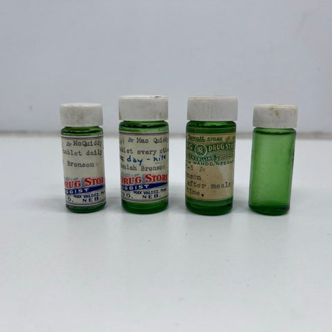 Vintage Rexall Apothecary Lot 6 Pieces Green Glass Bottles & Prescription Boxes