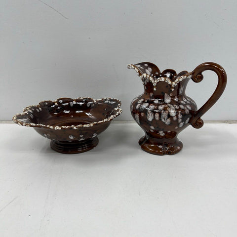 Bowland Pitcher and Basin Set Brown White Frosted Glaze Ceramic 2 Piece Vintage