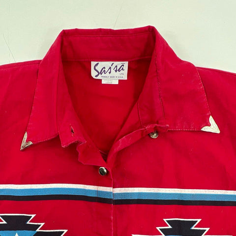 Vintage 80s Saisa Southwestern Aztec Print Western Shirt Made USA Sz L