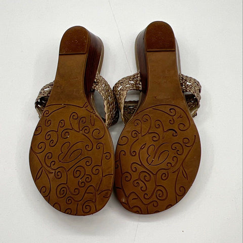 Brighton Lanai Woven Leather Flower Wedge Thong Sandals Pewter Size 8M