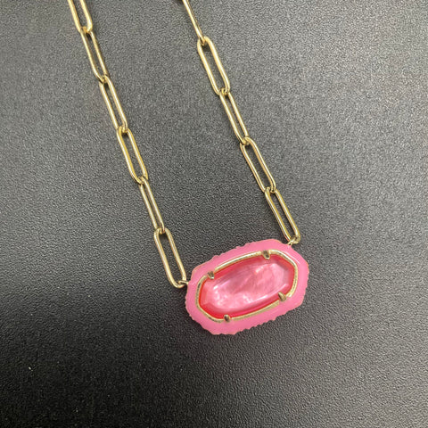 Kendra Scott Elisa Pink Enamel Frame Gold Tone Paperclip Chain Necklace