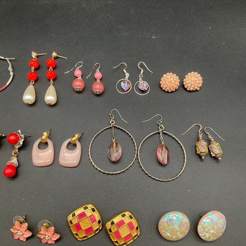 Vintage & Modern Costume Jewelry Lot 19 Pairs Earrings Pink Red White Retro
