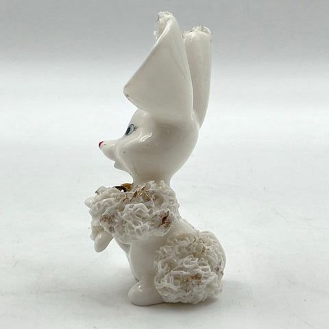 Vintage Ceramic Mouse Figurine White Spaghetti Ware With Pink Rose 4.5 Inch