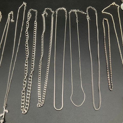 Silver Tone Necklace Jewelry Lot of 17 Modern Pendants Chains Shell Boho
